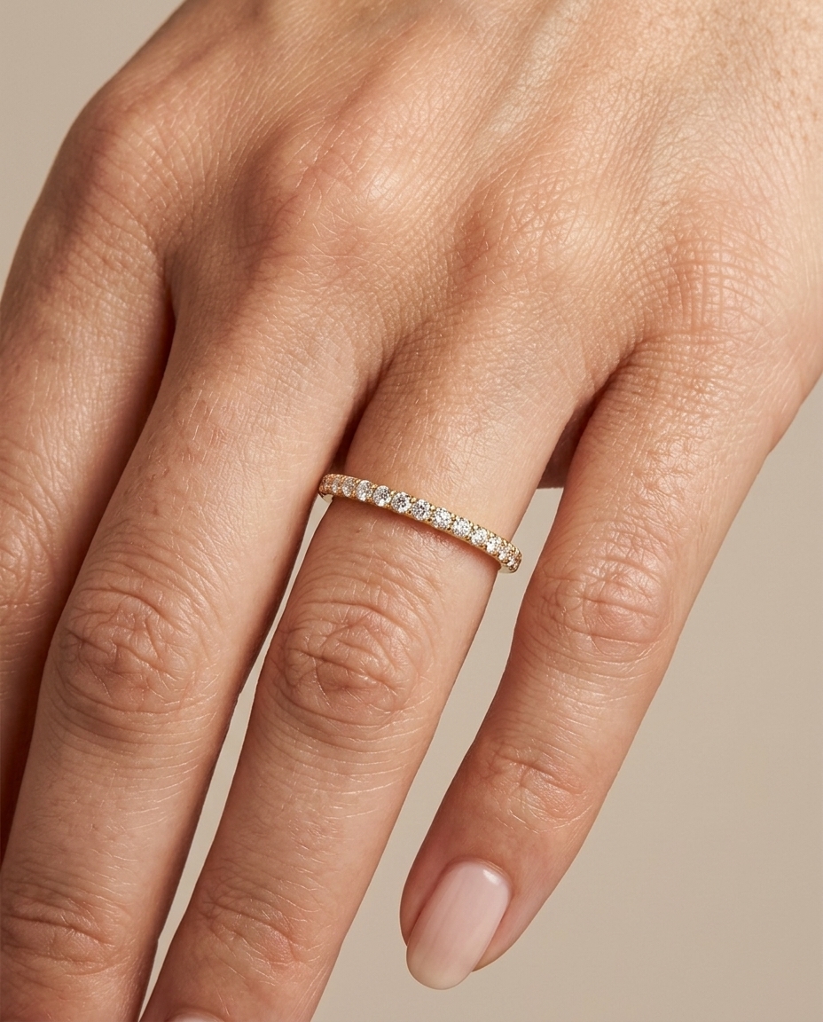 14KT Gold Half Eternity Diamond Thin Ring Band on model