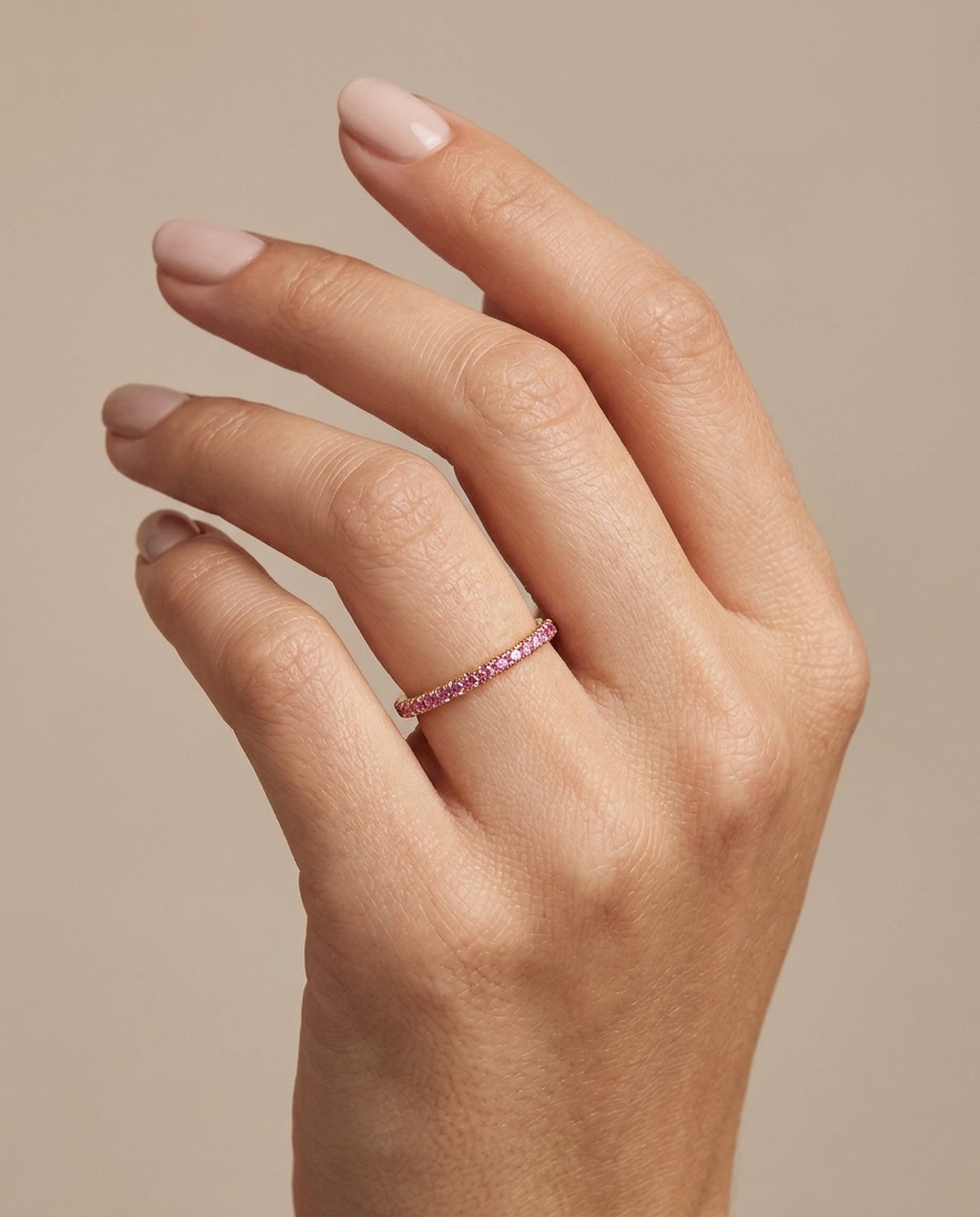 14KT Gold Half Eternity Pink Sapphire Thin Ring Band on model