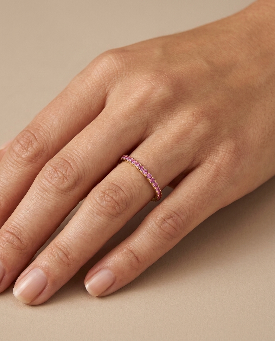 14KT Gold Half Eternity Pink Sapphire Thin Ring Band on model