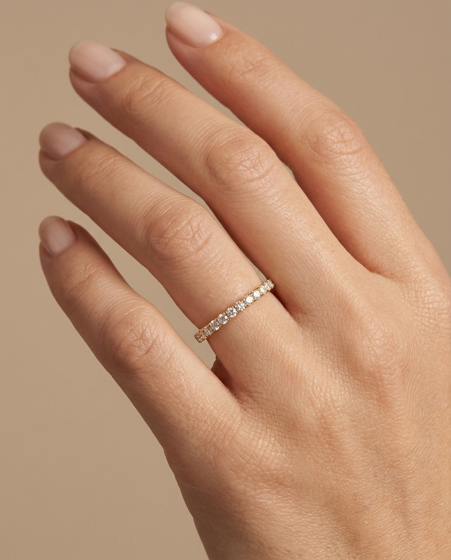 14KT Gold Half Eternity Diamond Thin Ring Band on model