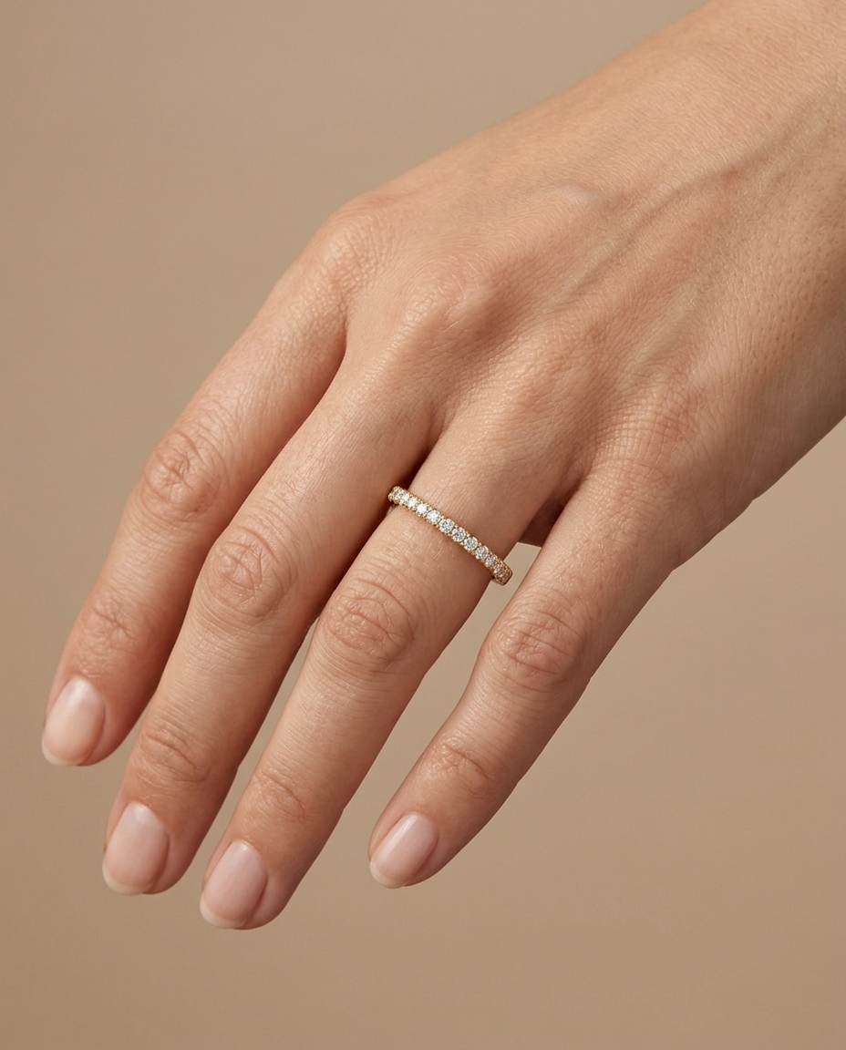 14KT Gold Half Eternity Diamond Thin Ring Band on model