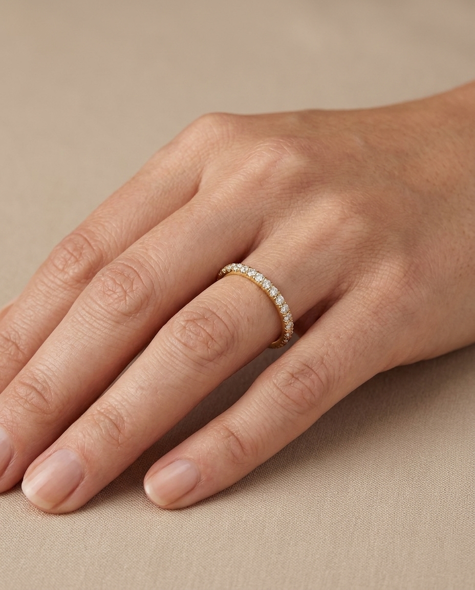 14KT Gold Half Eternity Diamond Thin Ring Band on model