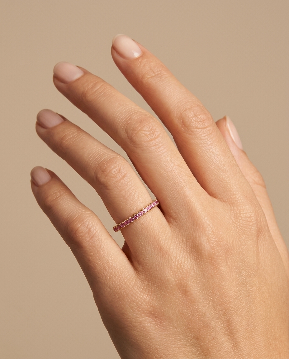14KT Gold Half Eternity Pink Sapphire Thin Ring Band on model