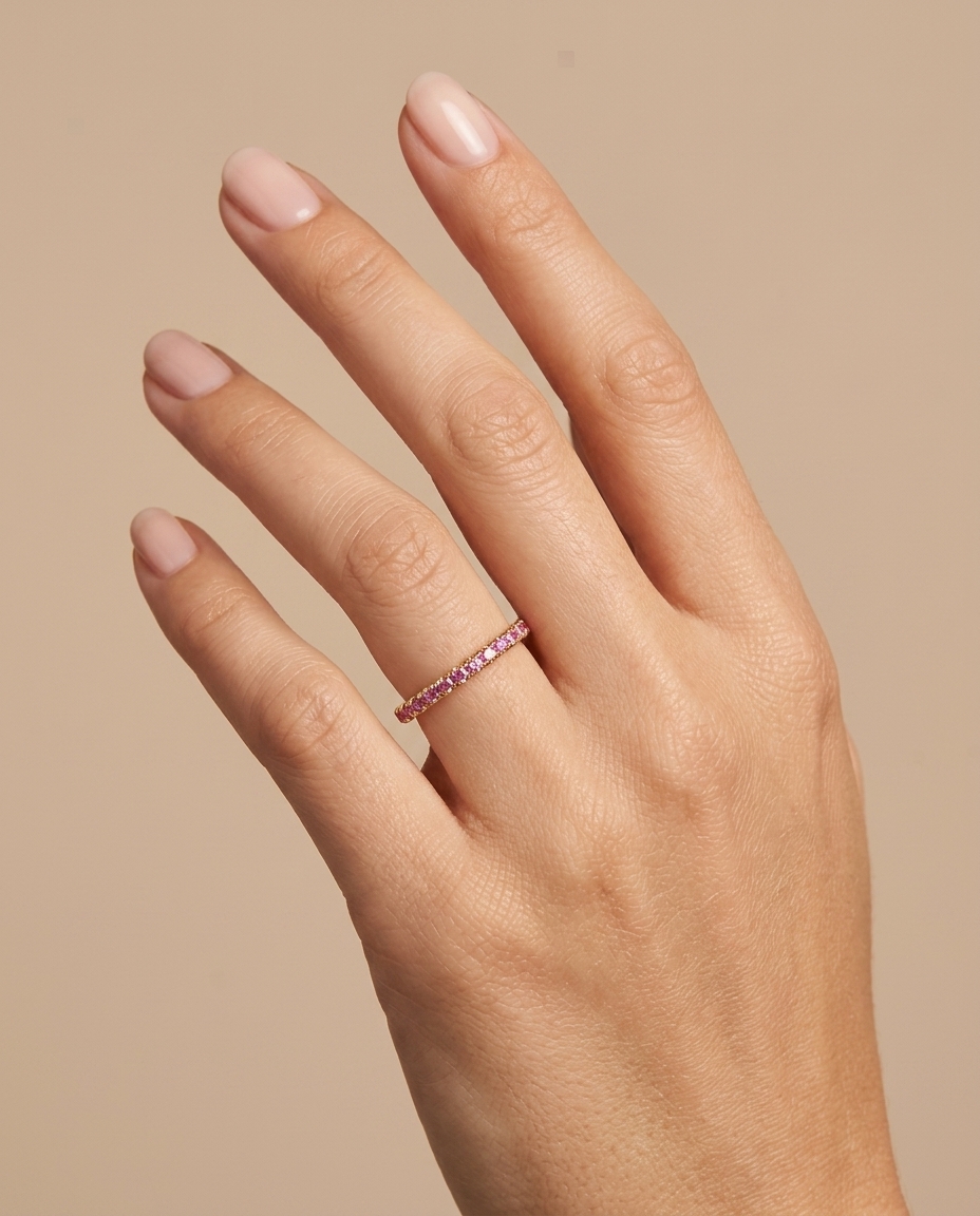 14KT Gold Half Eternity Pink Sapphire Thin Ring Band on model