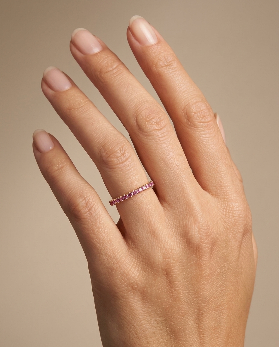 14KT Gold Half Eternity Pink Sapphire Thin Ring Band on model