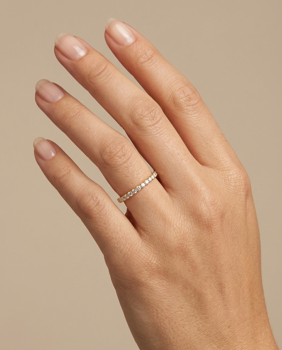 14KT Gold Half Eternity Diamond Thin Ring Band on model