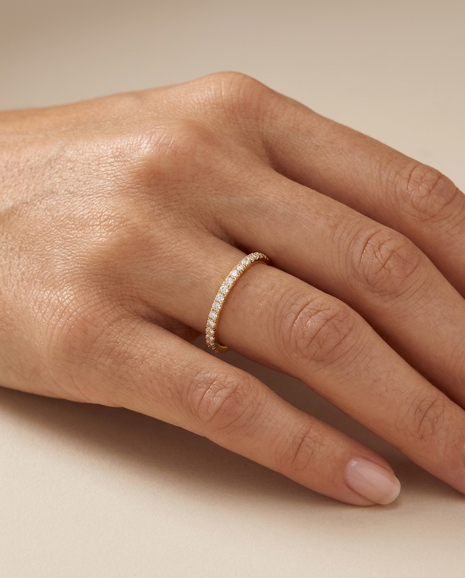 14KT Gold Half Eternity Diamond Thin Ring Band on model