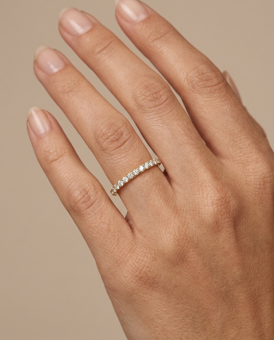 14KT Gold Half Eternity Diamond Thin Ring Band on model