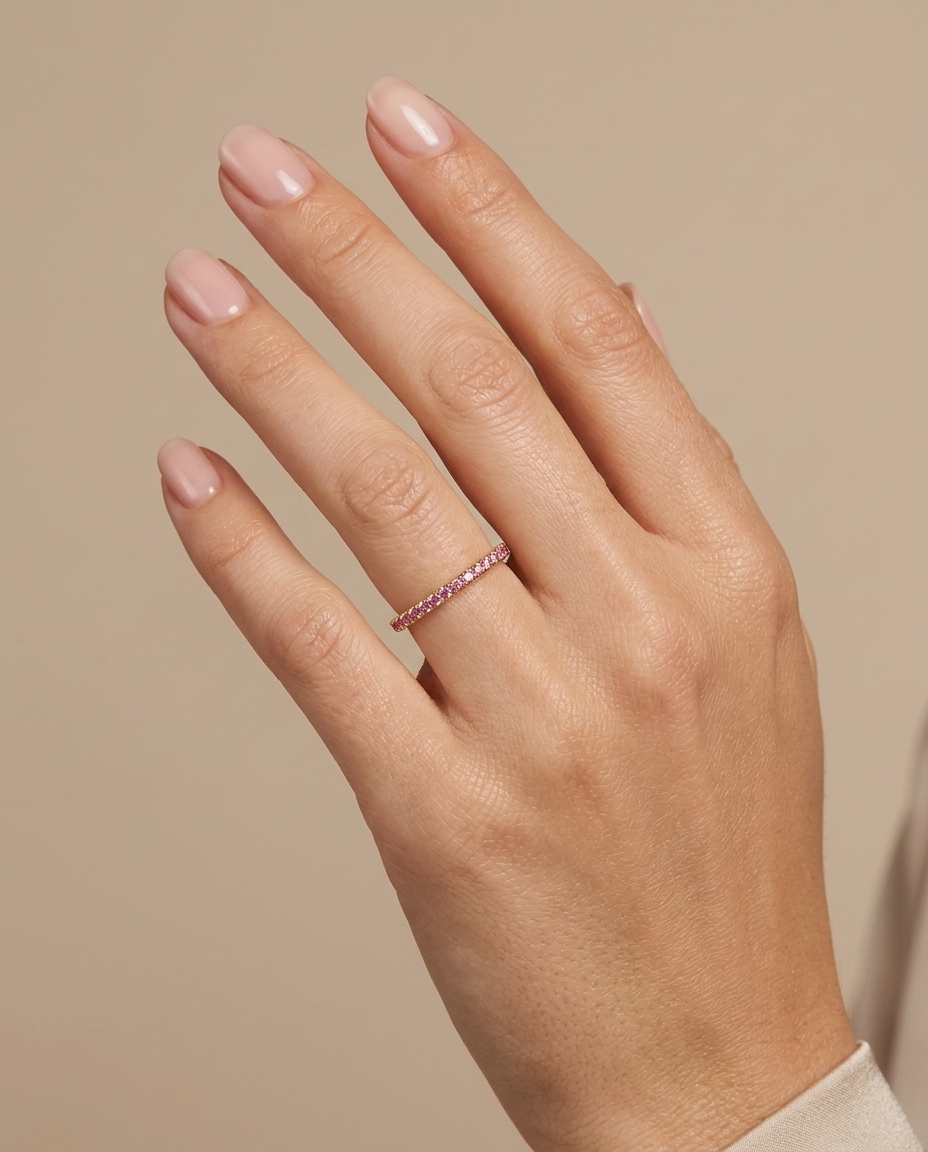 14KT Gold Half Eternity Pink Sapphire Thin Ring Band on model