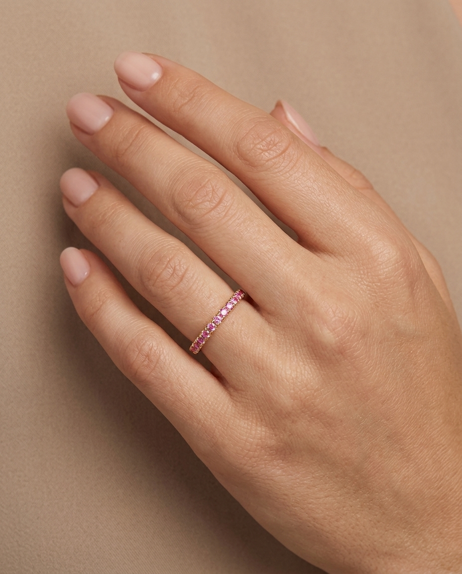 14KT Gold Half Eternity Pink Sapphire Thin Ring Band on model