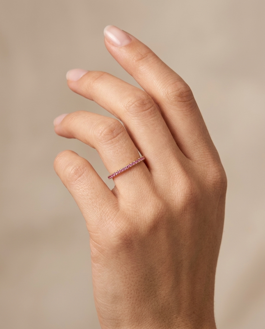 14KT Gold Half Eternity Pink Sapphire Thin Ring Band on model