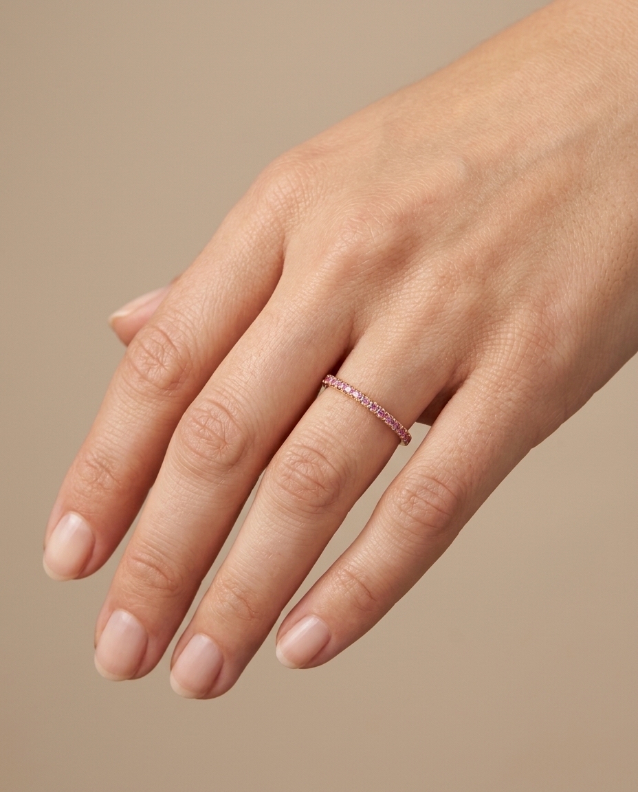 14KT Gold Half Eternity Pink Sapphire Thin Ring Band on model