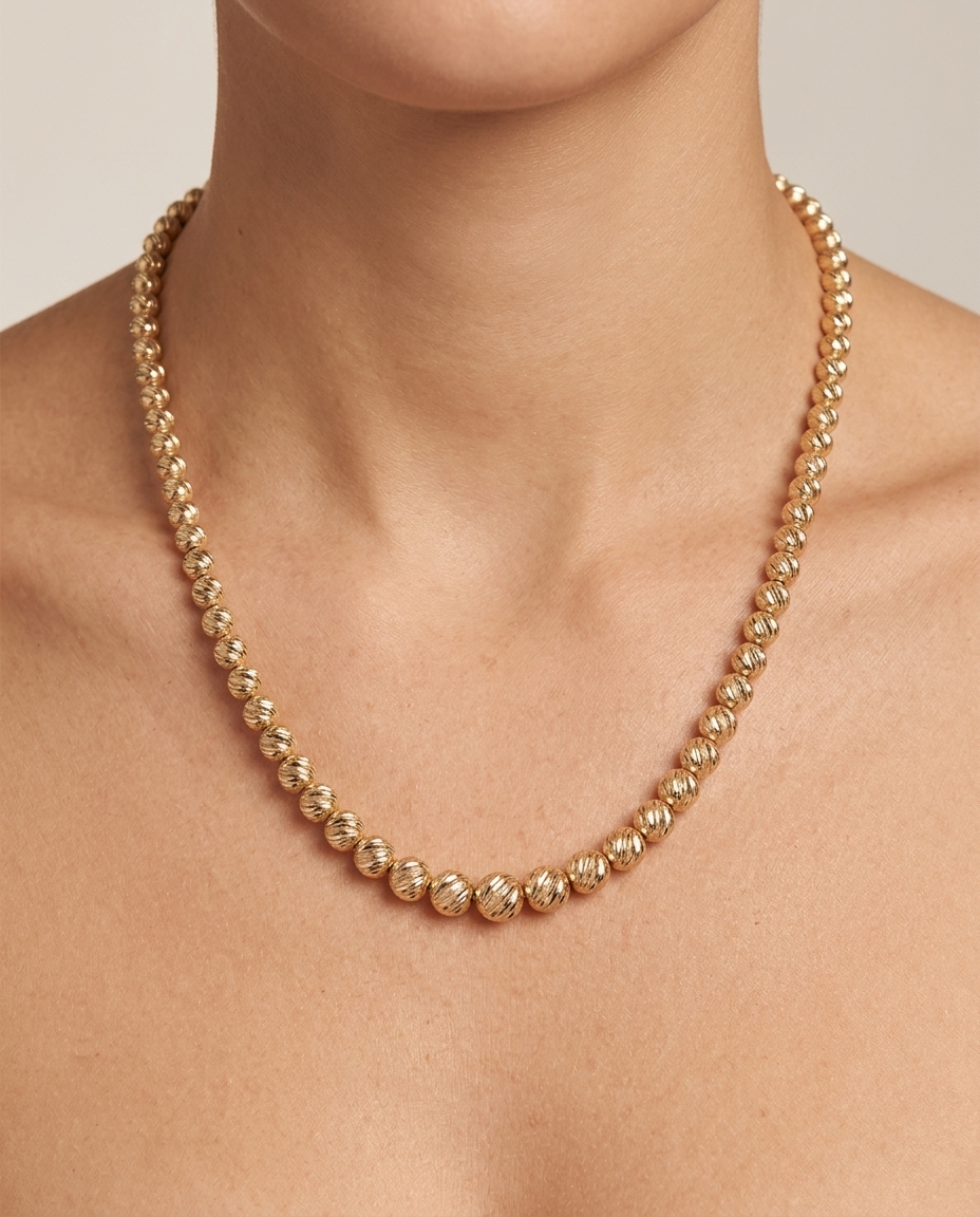14KT Gold 5 MM Diamond Cut Ball Chain Necklace on model