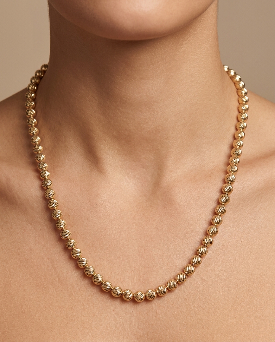 14KT Gold 5 MM Diamond Cut Ball Chain Necklace on model