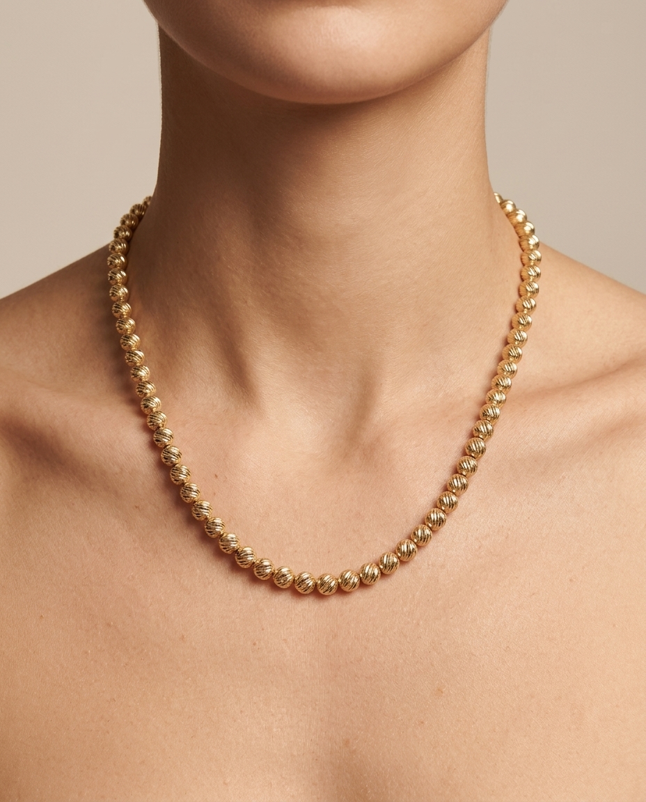 14KT Gold 5 MM Diamond Cut Ball Chain Necklace on model