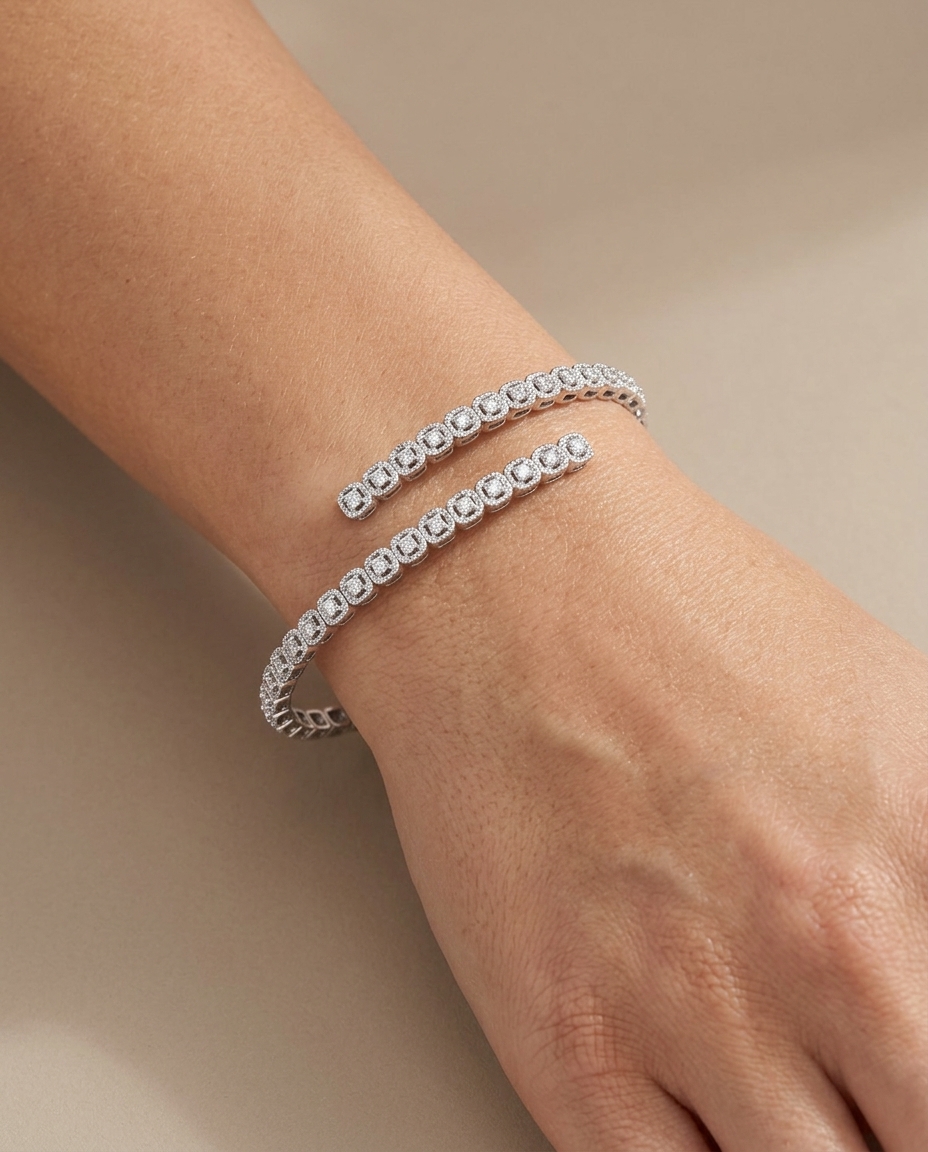 14KT Italian White Gold Diamond Flexible Bangle on model