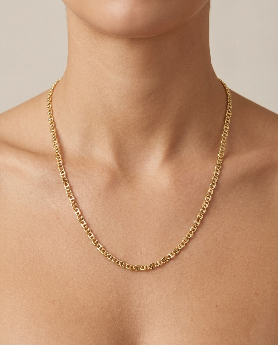 14KT Gold Mariner Link Chain Necklace on model
