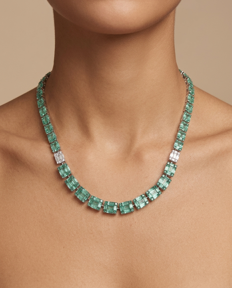 18KT White Gold Emerald and Diamond Necklace on model