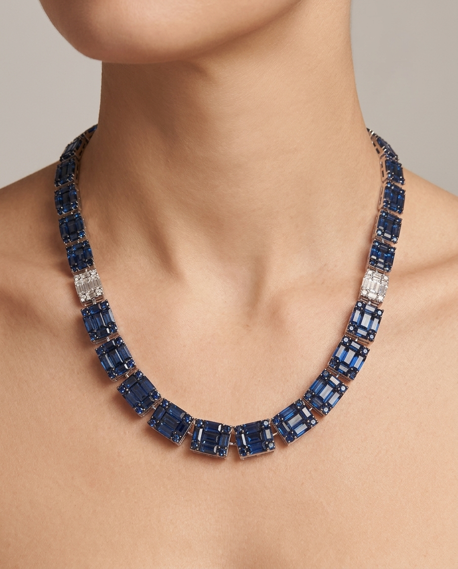 18KT White Gold Sapphire and Diamond Necklace on model