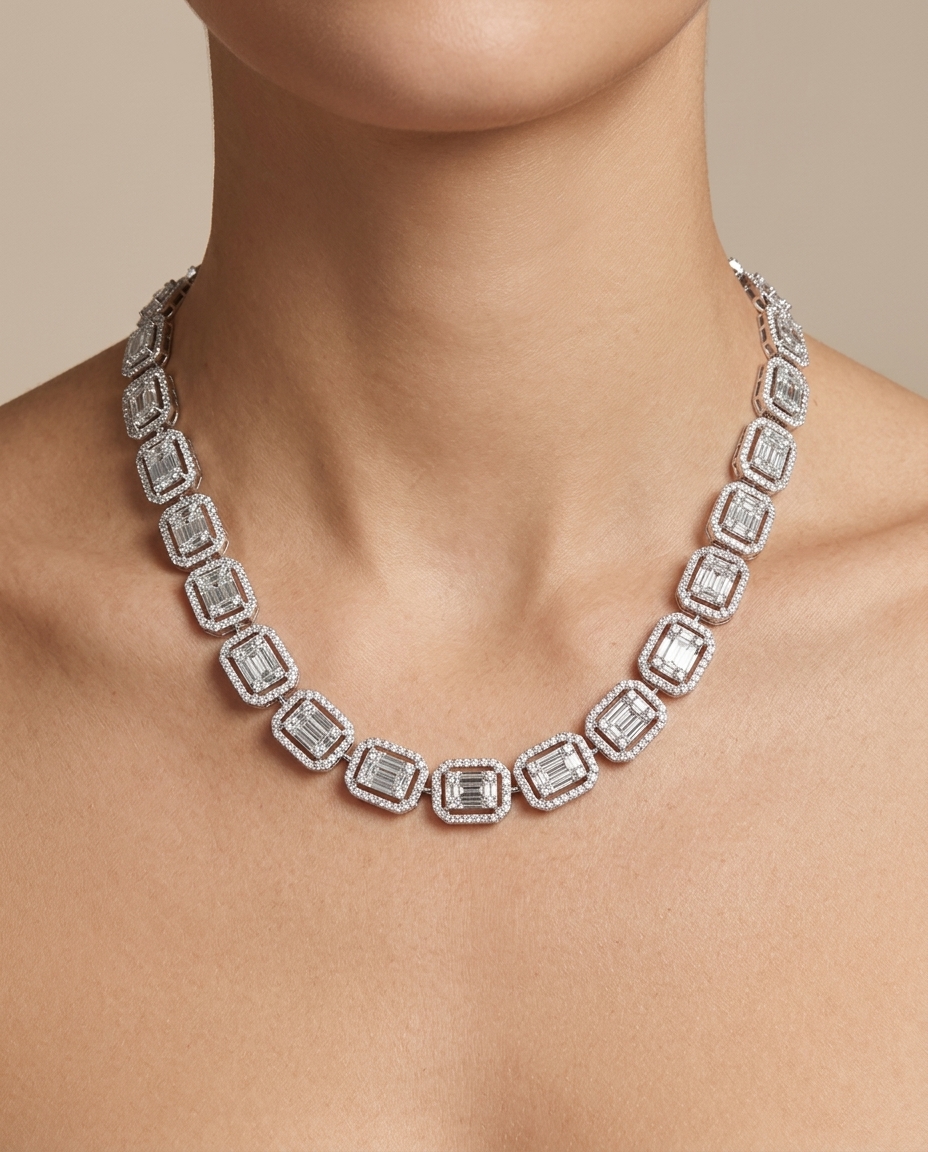 18K White Gold Diamond Necklace on model