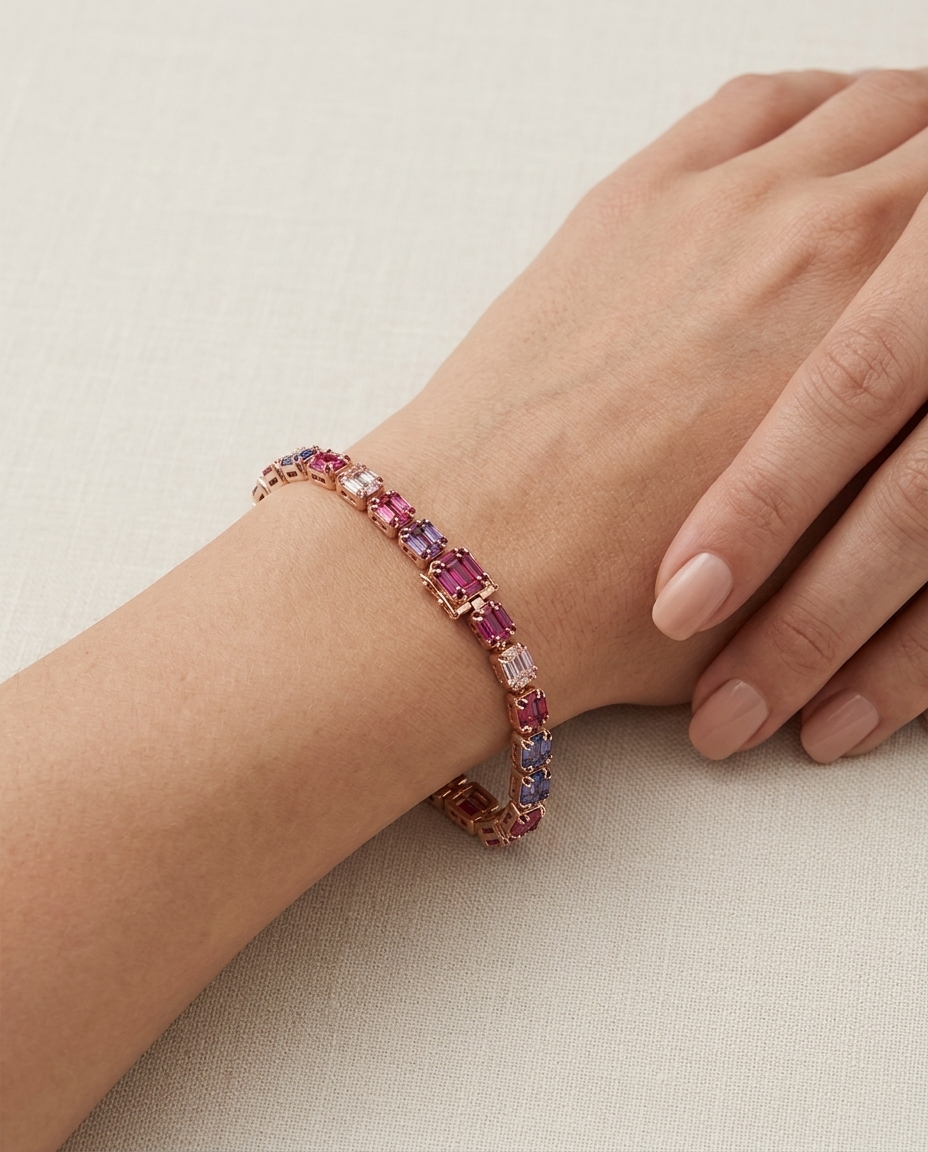 18KT Gold Ruby & Diamond Baguette Bracelet on model