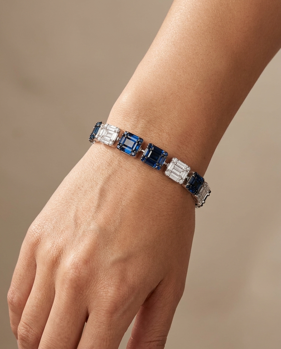 18KT Gold Blue Sapphire & Diamond Baguette Bracelet on model
