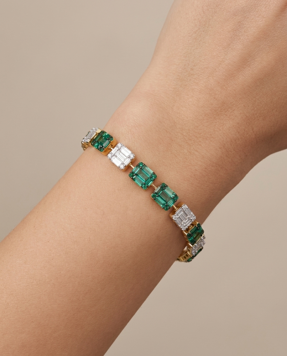 18KT Yellow Gold Emerald and Diamonds Tennis Bracelet on model