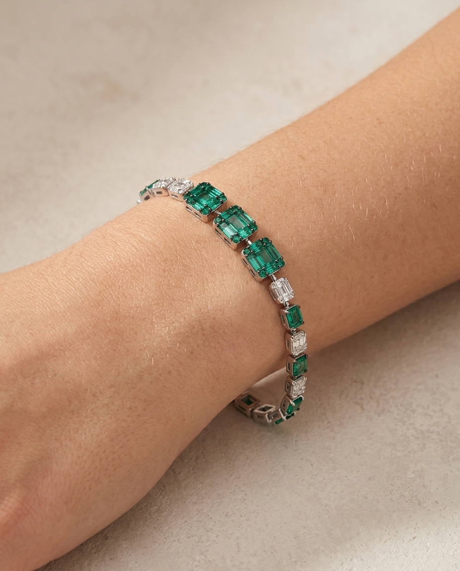 18KT White Gold Emerald & Diamond Baguette Bracelet on model