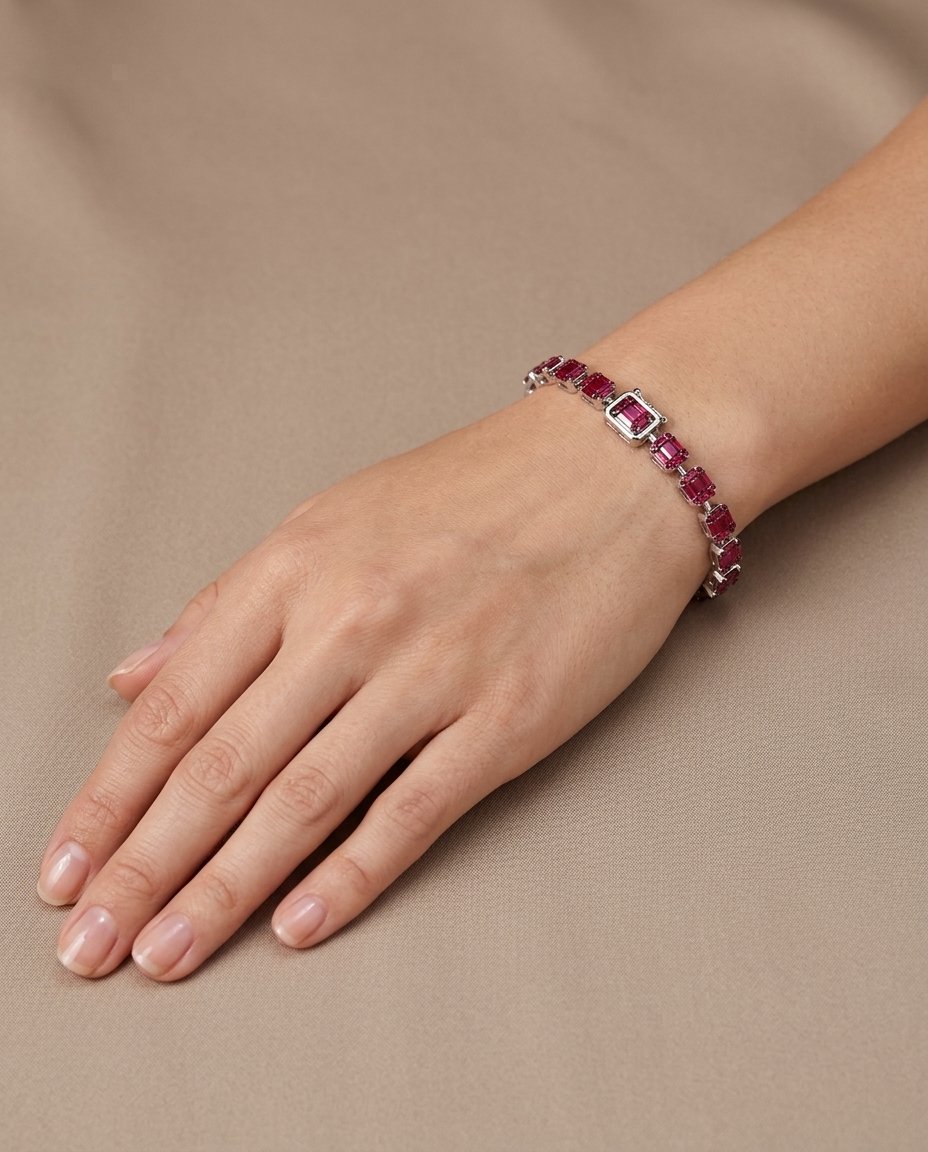 18KT Gold Ruby & Diamond Baguette Bracelet on model