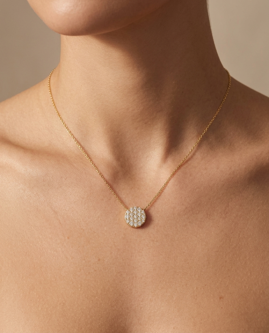 14KT Yellow Gold Diamond Pendant Necklace on model