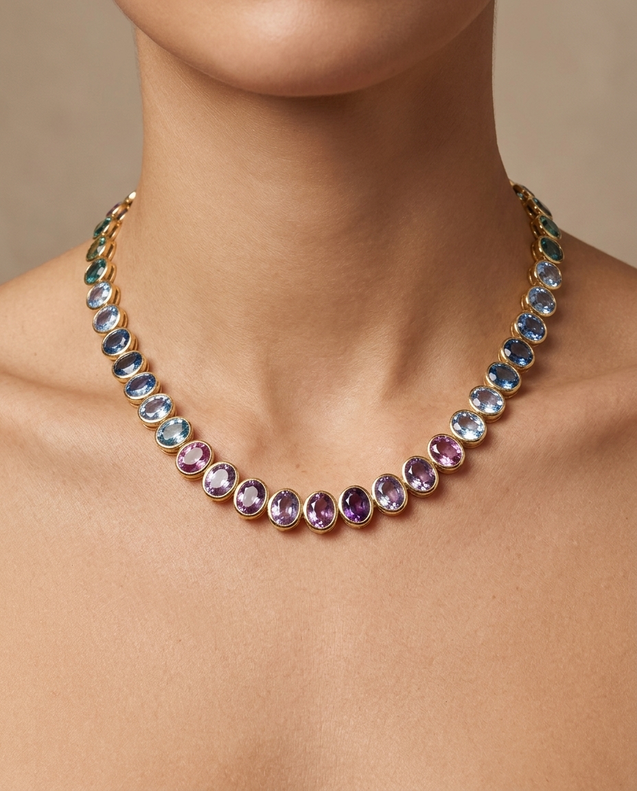 14KT Gold Multi Sapphire Necklace on model
