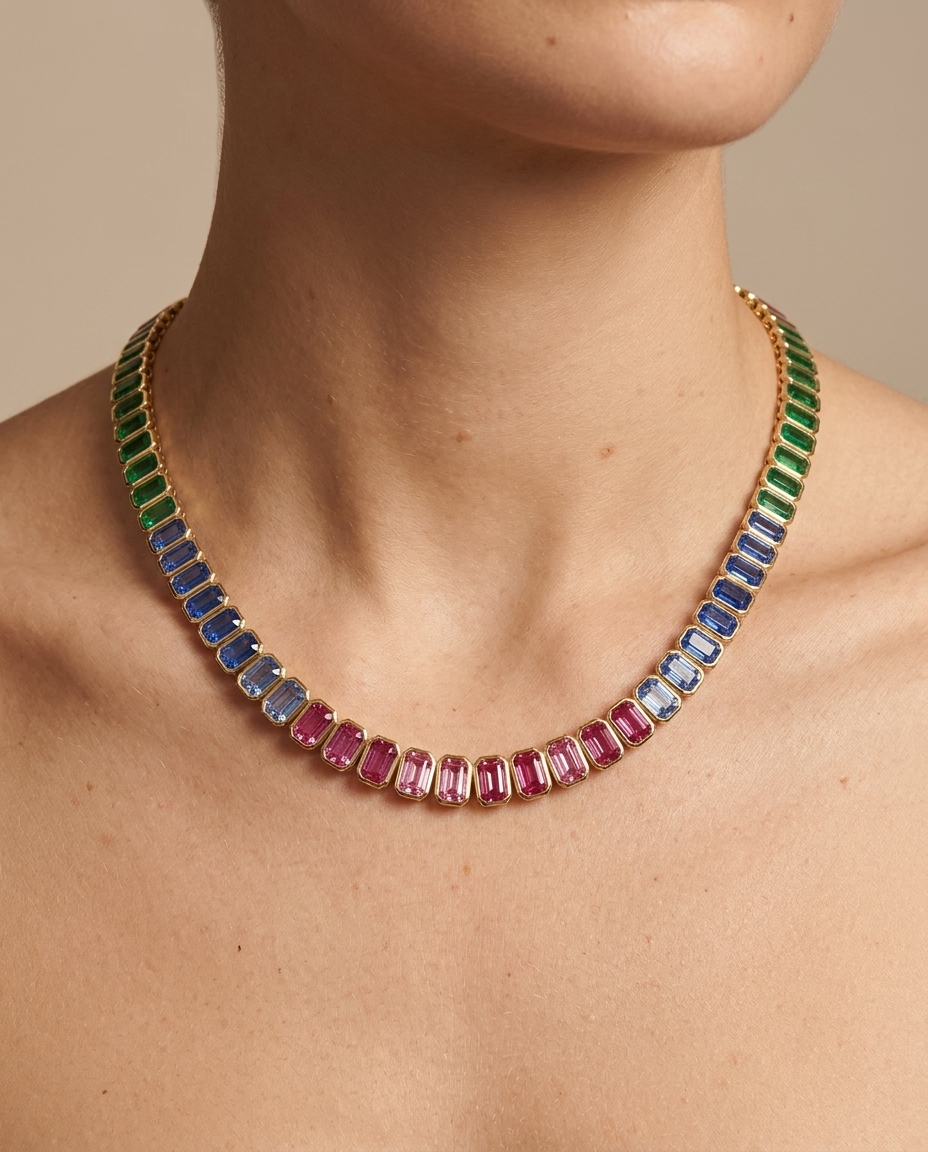 14KT Gold Multi Sapphire Necklace on model