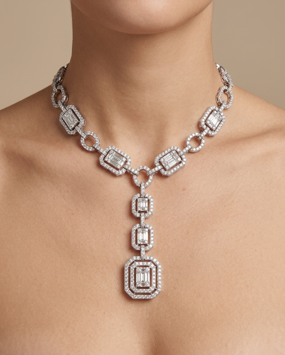 18K White Gold Diamond Necklace on model
