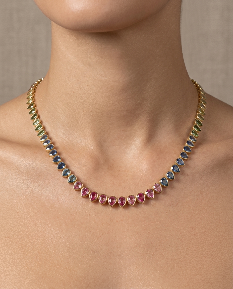 14KT Yellow Gold Pear Shape Multi Sapphire Necklace on model