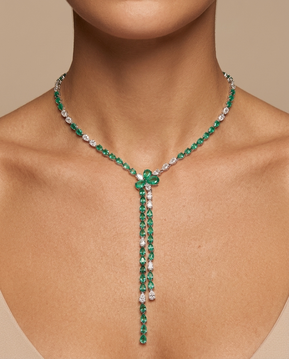 18KT White Gold Emerald and Diamond Necklace on model