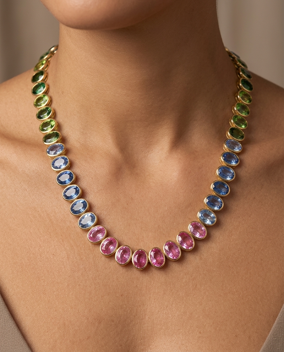14KT Gold Multi Sapphire Necklace on model