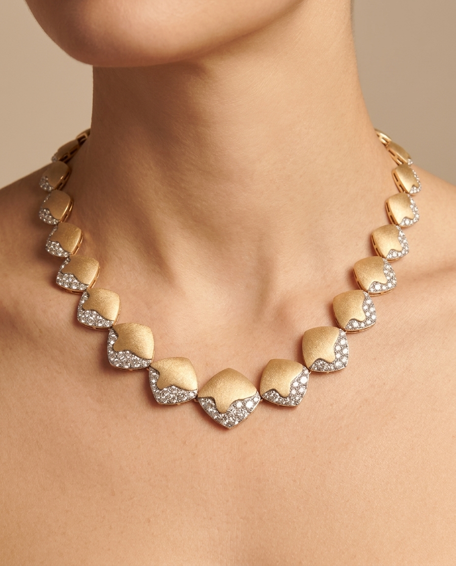 14KT Yellow Gold Diamond Matte Finish Necklace on model