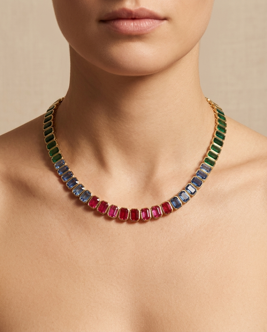 14KT Gold Multi Sapphire Necklace on model
