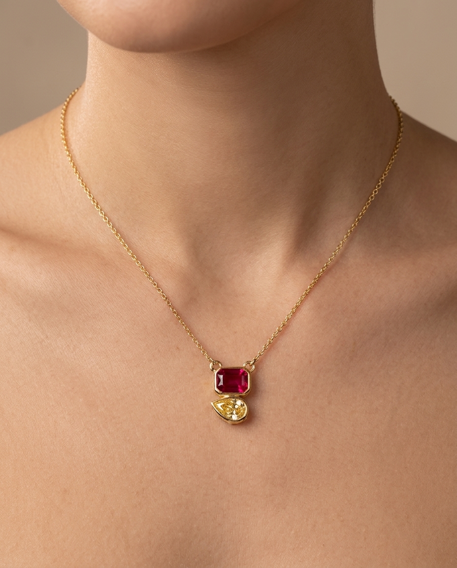 14KT Yellow Gold Ruby and Yellow Diamond Necklace on model
