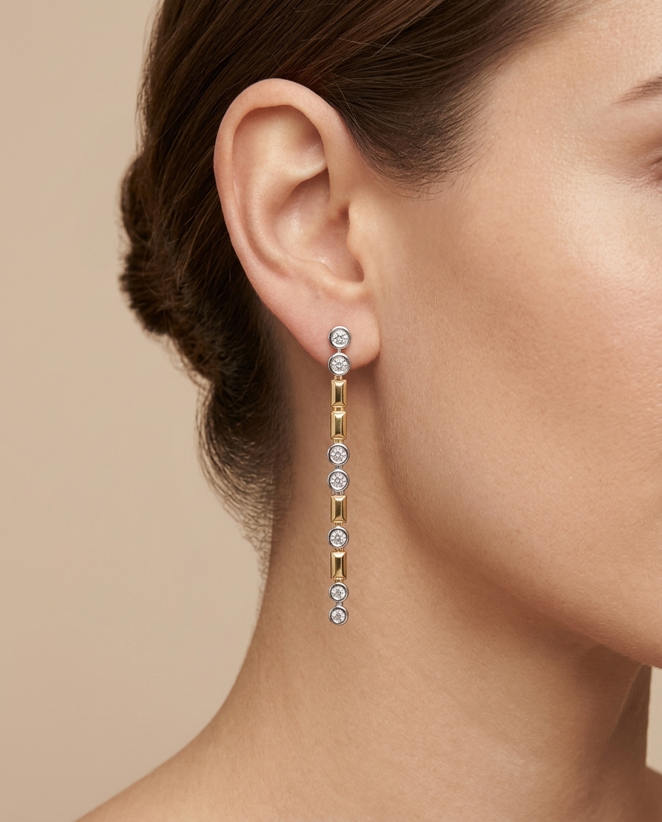 14KT Two Tone Gold Diamond Dangling Earring on model
