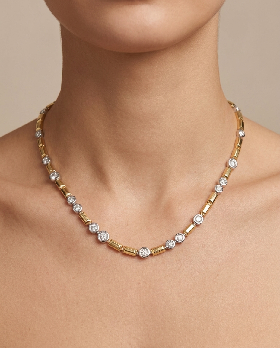 14KT Two Tone Gold Diamond Necklace on model