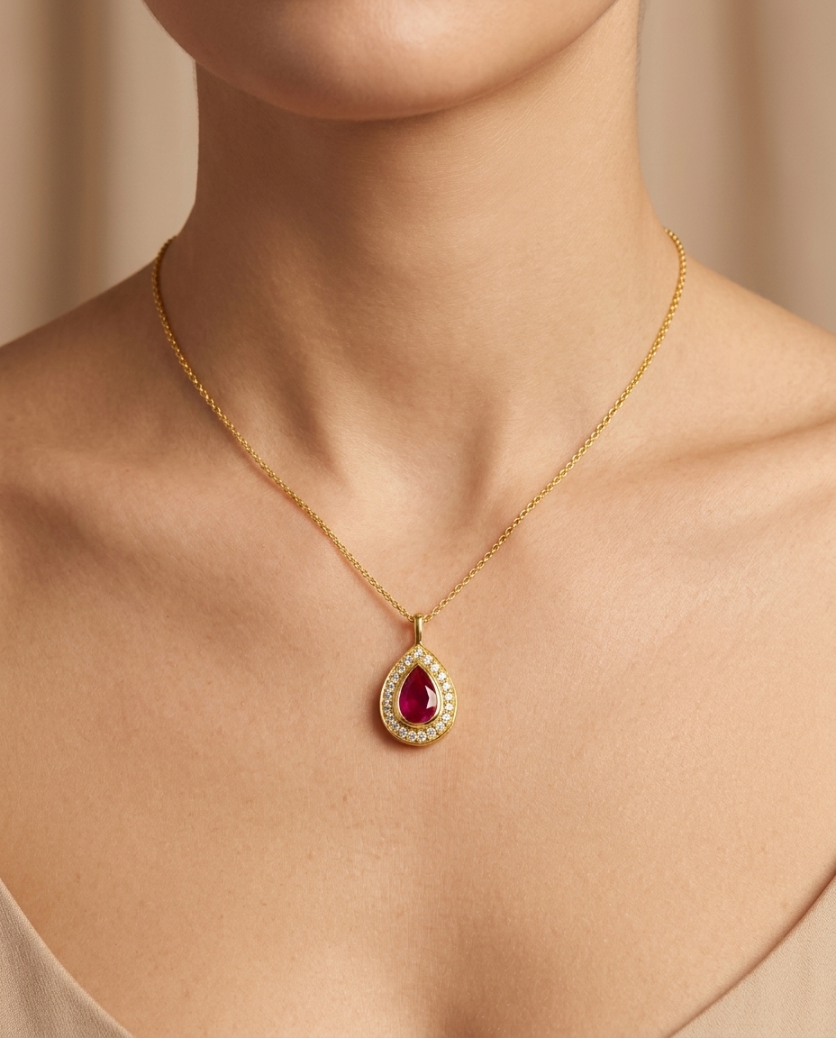 14KT Yellow Gold Ruby Pear Necklace on model