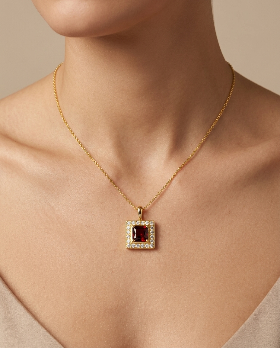 14KT Yellow Gold Garnet Square Necklace on model