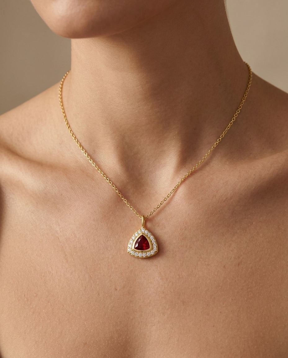 14KT Yellow Gold Garnet Triangle Necklace on model