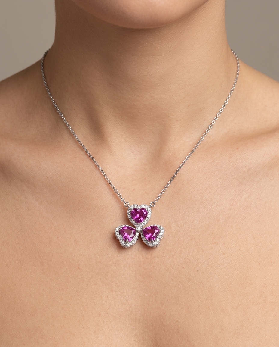 18K White Gold Pink Sapphire and Diamonds Necklace on model