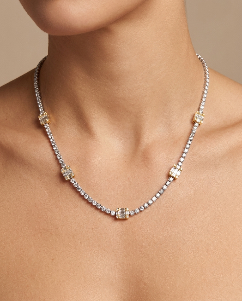 18KT White Gold Diamond Tennis Necklace on model
