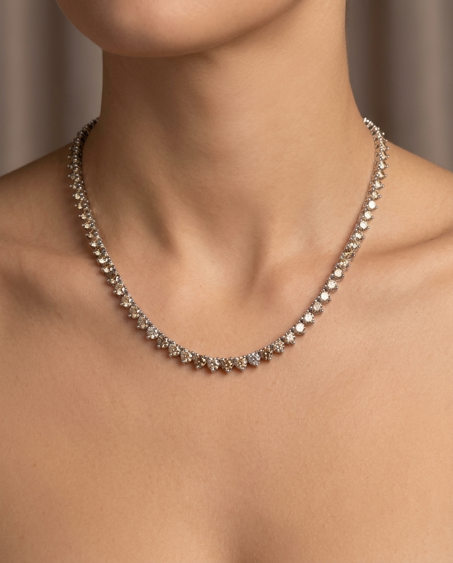 14KT White Gold Champagne Diamond 3 Prong Tennis Necklace (10.00 CTS) on model