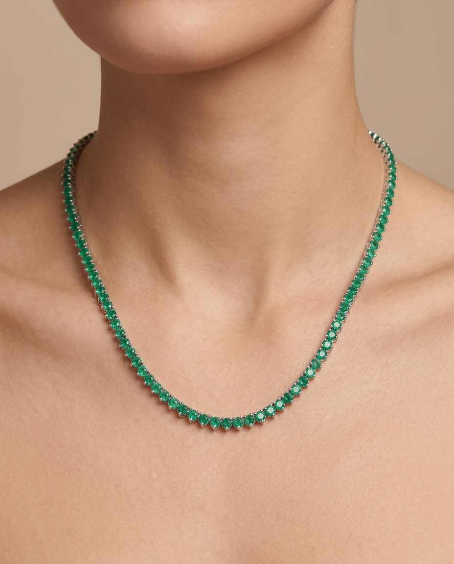 14KT Gold Emerald 3 Prong Tennis Necklace on model