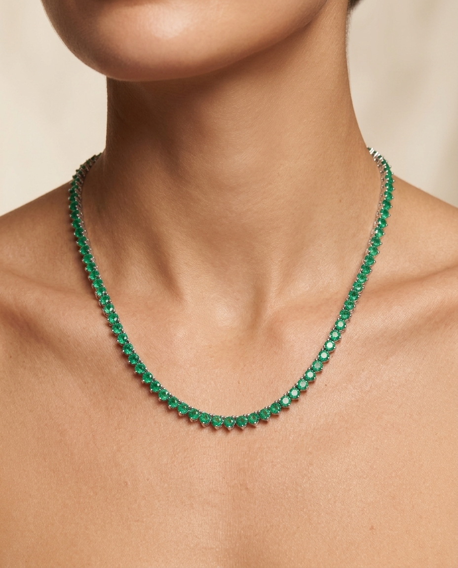 14KT Gold Emerald 3 Prong Tennis Necklace on model
