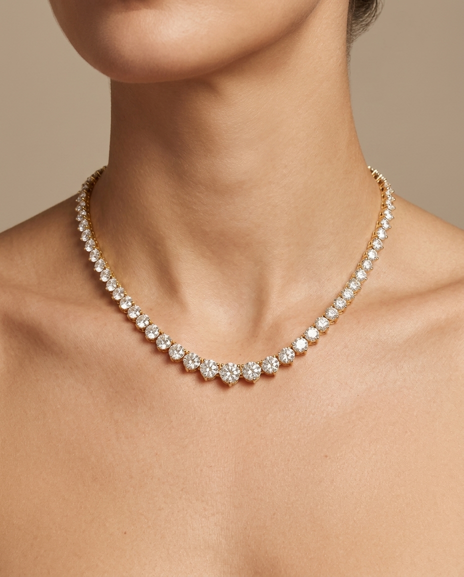 14KT Gold Diamond 3 Prong Tennis Necklace (10.00 CTS) on model